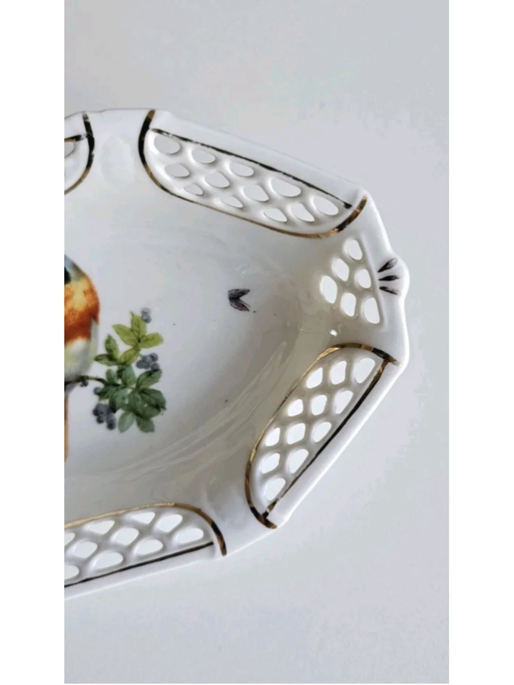 Mid-Century German Porcelain Bird Trinket Dish - Reticulated Lace Edge - 6